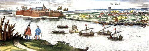 The Komrno Castle in 1595. The coloured copperplate made by Jacob Hoefnagel.