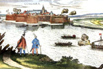 Die Burg Komrno im Jahre 1595. Bunter Kupferstich von Jakob Hoefnagel.
