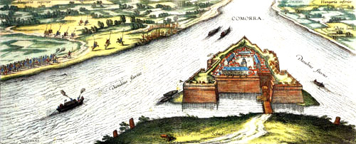 The Komrno Castle in 1595. The coloured copperplate made by Jacob Hoefnagel.