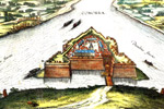Komransk hrad v roku 1595. Farebn medirytina Jakoba Hoefnagela.