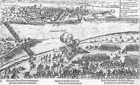 Prv zobrazenie predsunutej tvdze sv. Petra - predchodcu Dunajskho predmostia. W.P.Zimmermann na rytine zachytil oblehanie Komrna v roku 1594.