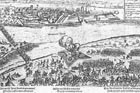 Prvé zobrazenie predsunutej tvŕdze sv. Petra - predchodcu Dunajského predmostia. W.P.Zimmermann na rytine zachytil oblehanie Komárna v roku 1594.
