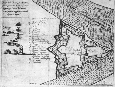 Pdorys Starej a Novej pevnosti s pomenovanm jednotlivch fortifikanch lnkov z konca 17. storoia. Rytina Gaspara Bouttatsa poda F. Wymesa. Podunajsk mzeum Komrno.