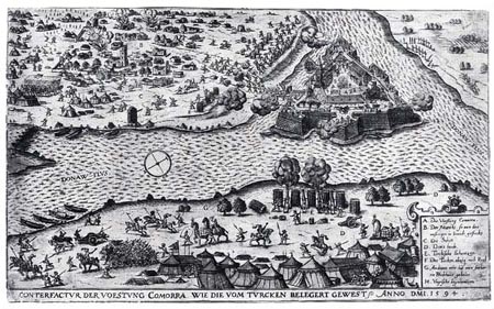 Komrno obliehan Turkami v roku 1594. Medirytina Johanna Sibmachera poda W. Dilicha - 1603. Hadtrtneti mzeum Budapest.