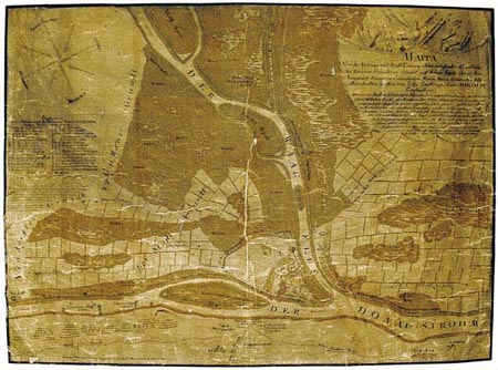 Mapa Komrna z roku 1744. Podunajsk mzeum Komrno.