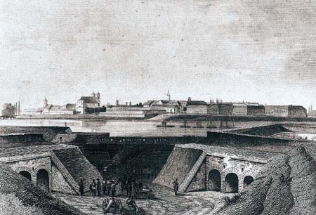 Blick auf Komrno vom Donau- brckenkopf, ende 19. Jhs. Zeichnung: L. Rohbock, Lithografie: G. Hels.