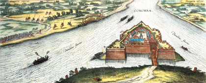 Komárňanský hrad v roku 1595. Farebná medirytina Jakoba Hoefnagela.