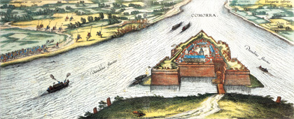 The Komrno Castle in 1595. The coloured copperplate made by Jacob Hoefnagel.